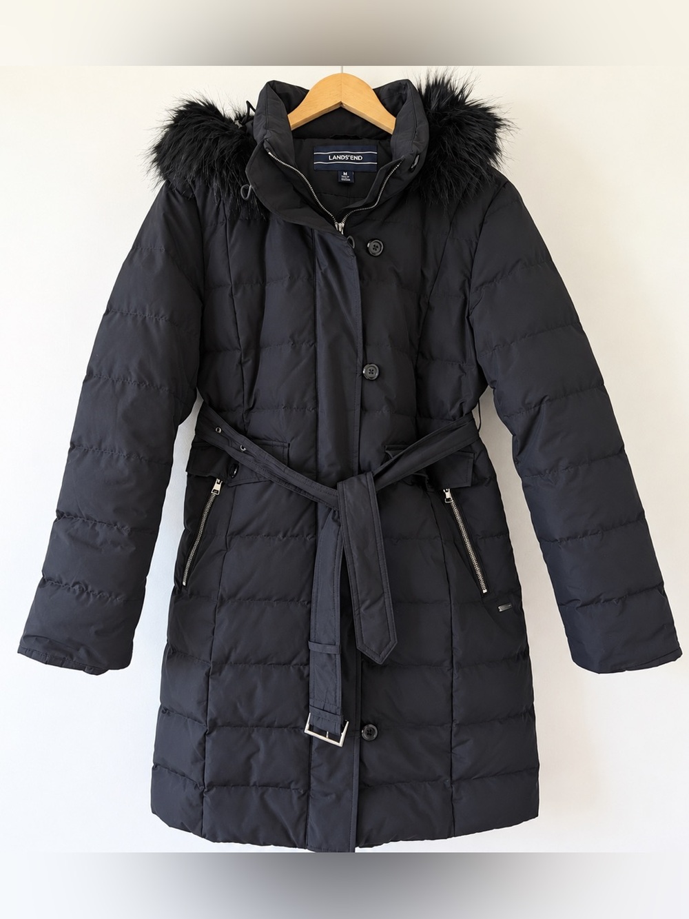 Lands’ End Women’s Down Puffer Parka Coat Faux Fur Hood Black M 10-12